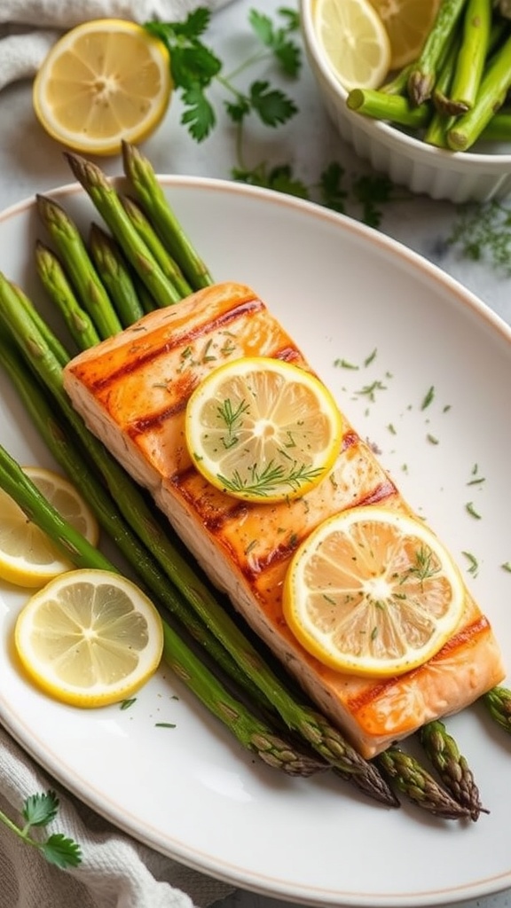 Grilled salmon with lemon slices on a bed of asparagus