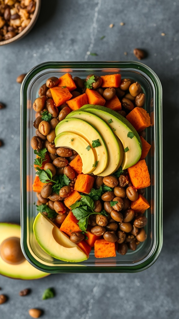 A meal prep container filled with lentils, roasted sweet potatoes, and avocado slices, garnished with cilantro.