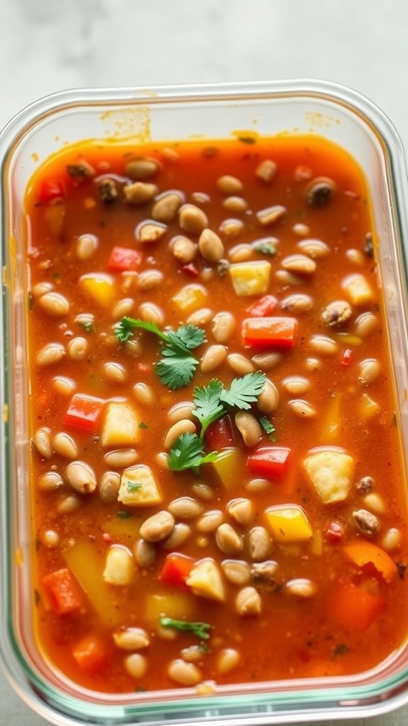 A container of lentil and vegetable soup with colorful vegetables and lentils.