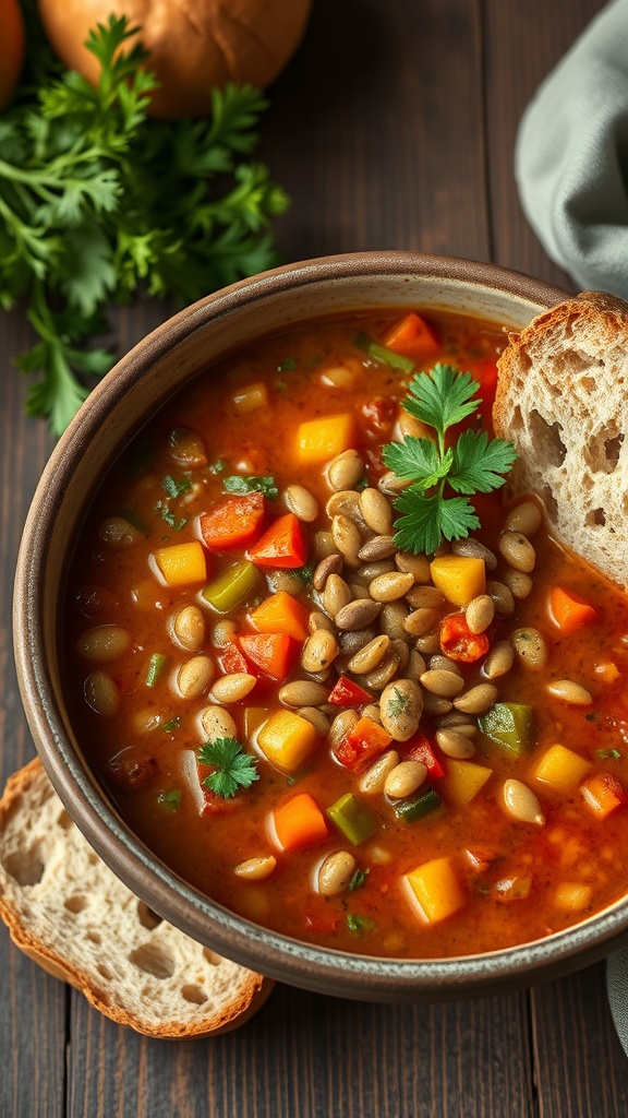 A bowl of lentil and vegetable soup garnished with fresh herbs and served with bread.
