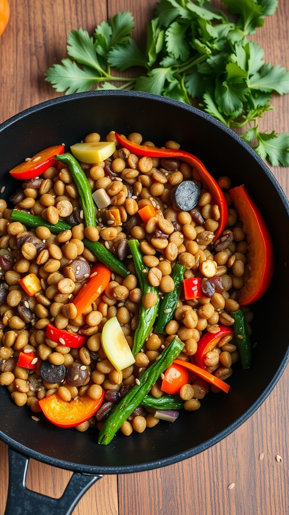 A colorful lentil and vegetable stir-fry in a black pan, featuring bell peppers, green beans, and mushrooms.