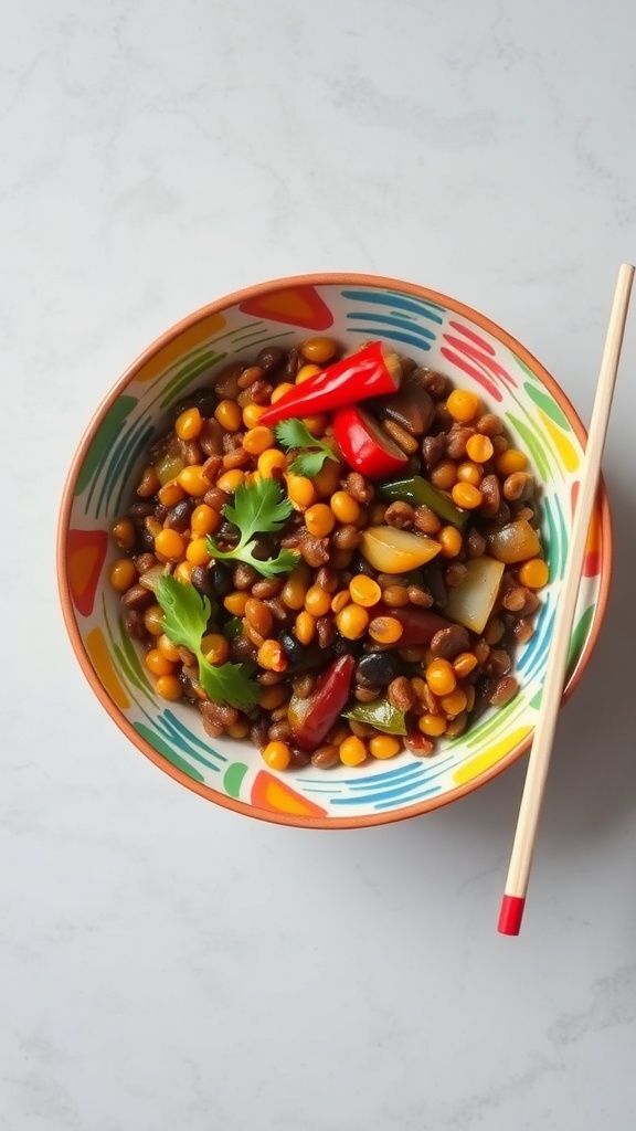 A colorful bowl of lentil and vegetable stir-fry with vibrant bell peppers and zucchini.