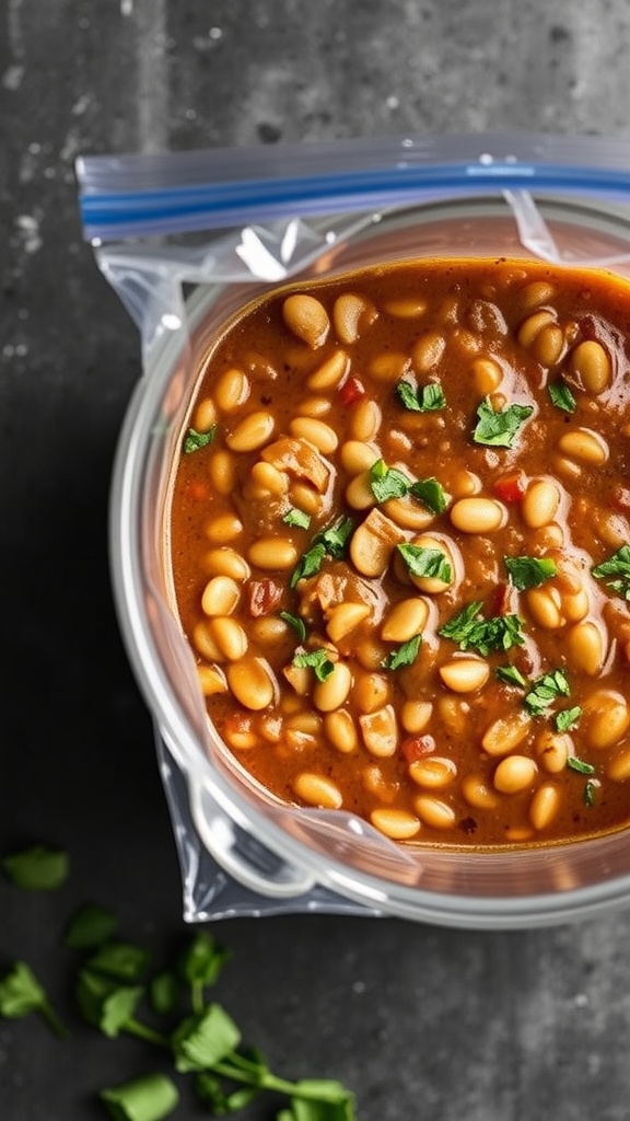 A bowl of lentil soup in a freezer bag, ready for freezing.