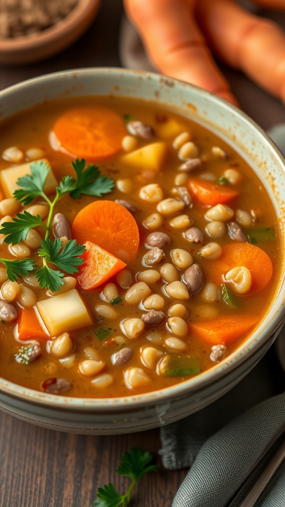 A bowl of lentil soup with carrots and celery, garnished with fresh herbs.
