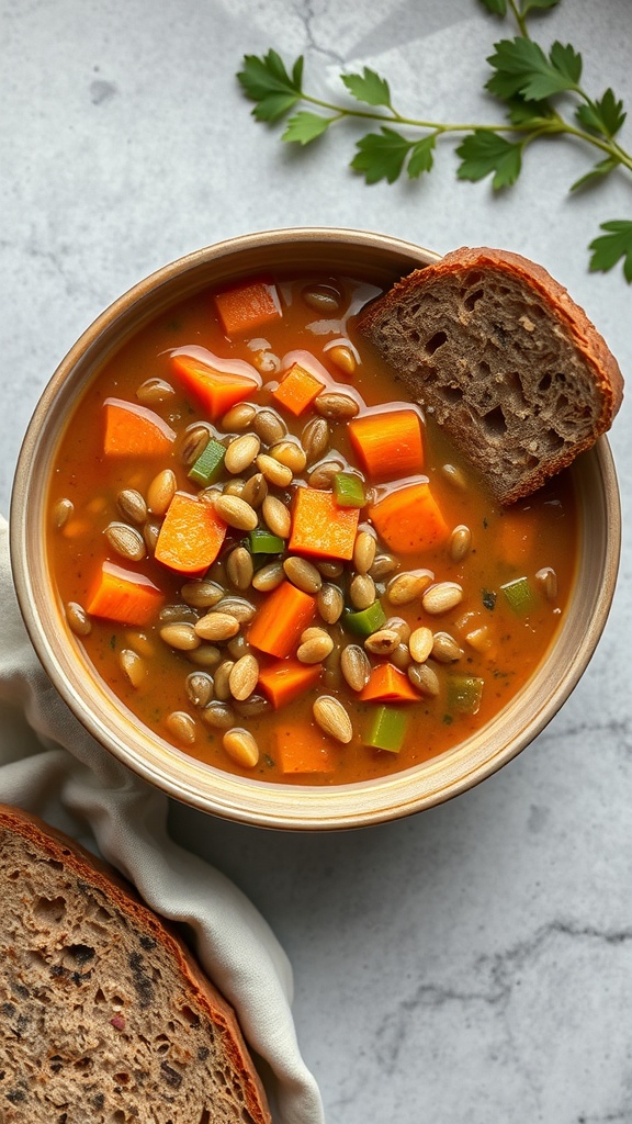 A bowl of lentil soup with carrots and celery, served with a slice of bread.