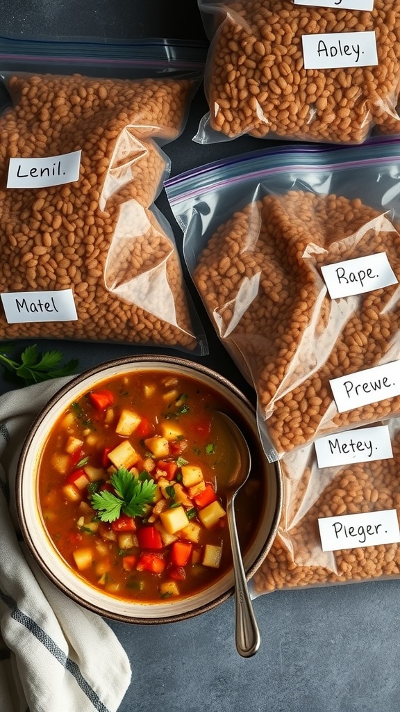 A bowl of lentil soup with carrots and celery, surrounded by bags of dried lentils labeled for meal prep.