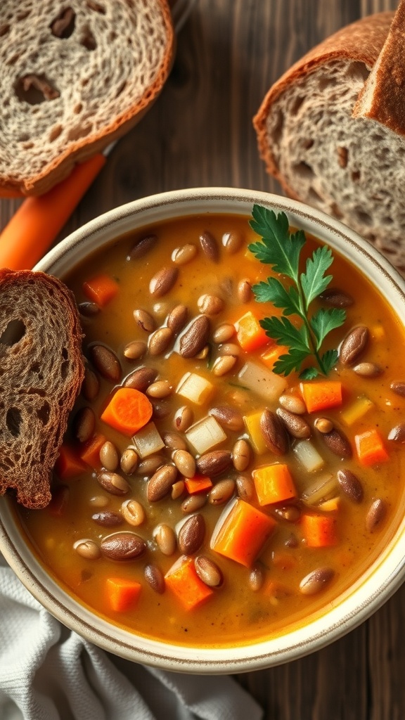 A bowl of lentil soup with carrots and celery, accompanied by slices of bread.