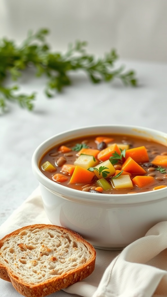 A bowl of lentil soup with carrots and celery beside a slice of bread.