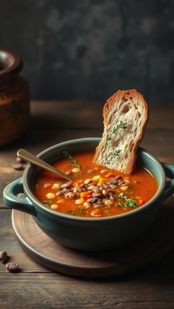 A bowl of lentil soup with a slice of crusty bread resting on the edge.