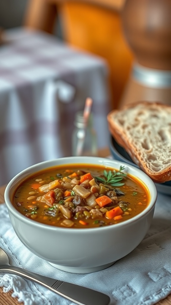 A bowl of lentil soup with colorful vegetables and a slice of crusty bread on the side.