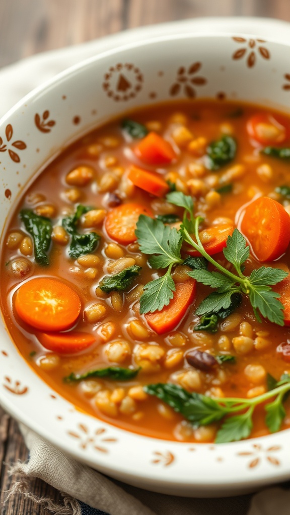 A bowl of lentil soup with spinach and carrots, garnished with fresh herbs.