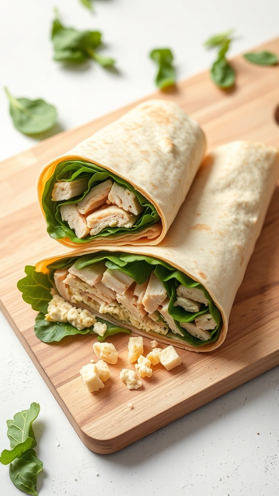 A low-calorie wrap filled with chicken and greens, neatly rolled on a wooden cutting board.