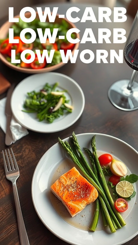 A low-carb dinner plate featuring salmon, asparagus, cherry tomatoes, and lime slices.