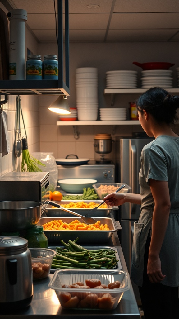 A person organizing fresh vegetables and ingredients in a kitchen for meal prep.
