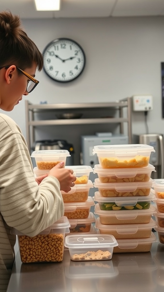 A student organizing meal prep containers filled with healthy food options.