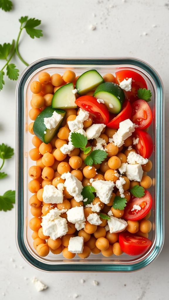 A Mediterranean Chickpea Bowl with chickpeas, cherry tomatoes, cucumber, feta cheese, and fresh herbs in a glass container.