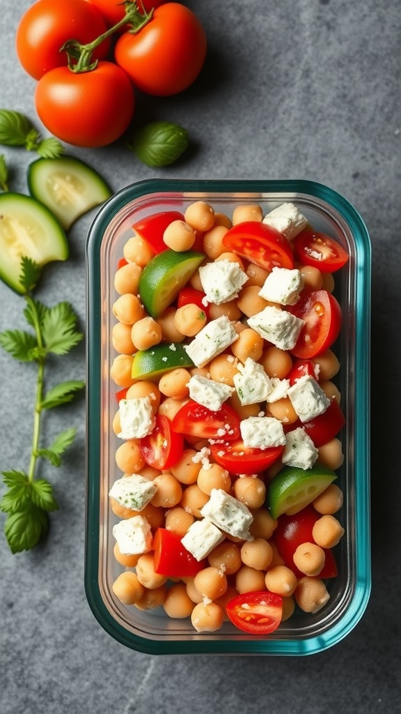 A vibrant Mediterranean Chickpea Salad with cherry tomatoes, green bell peppers, and feta cheese in a glass container.