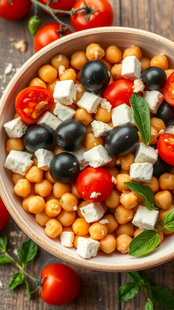 A vibrant Mediterranean Chickpea Salad with feta cheese, cherry tomatoes, and black olives in a bowl.