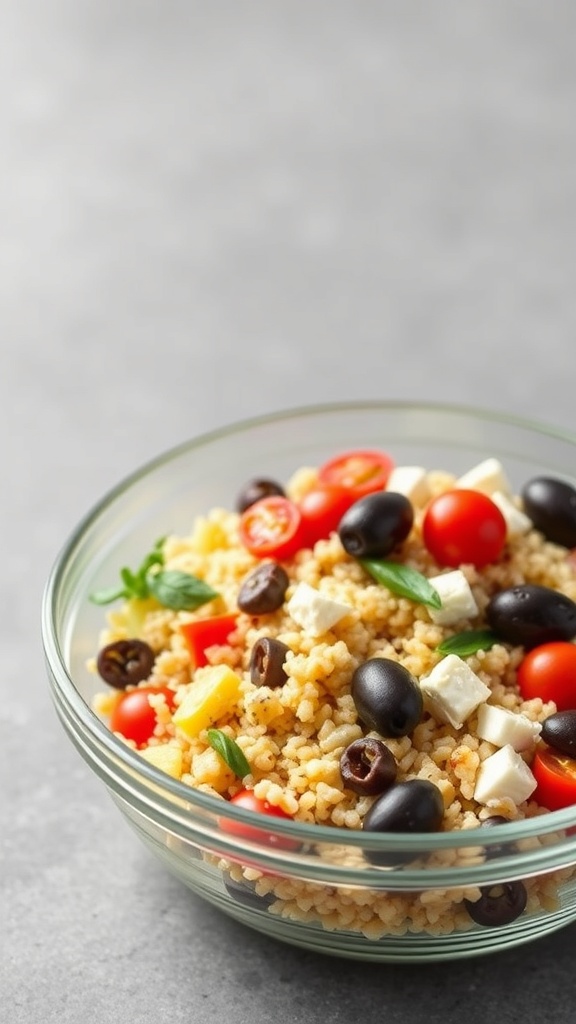 A bowl of Mediterranean Couscous Salad with cherry tomatoes, black olives, and feta cheese.