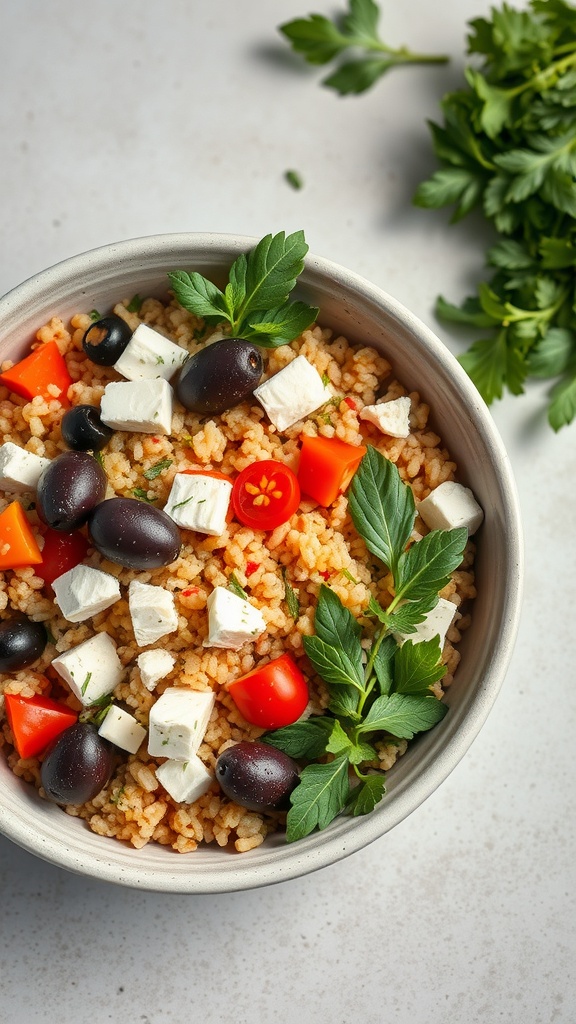 A Mediterranean grain bowl with quinoa, cherry tomatoes, olives, feta cheese, and fresh herbs.