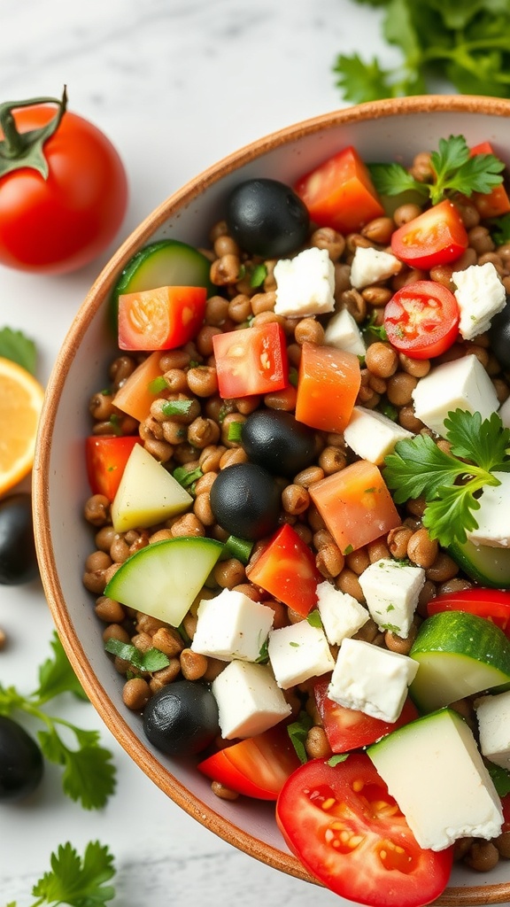 A colorful Mediterranean lentil salad with fresh vegetables and feta cheese.
