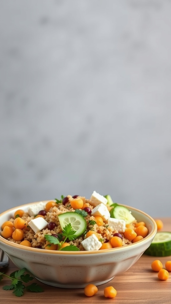 A colorful Mediterranean quinoa bowl filled with chickpeas, cucumbers, cherry tomatoes, and feta cheese.