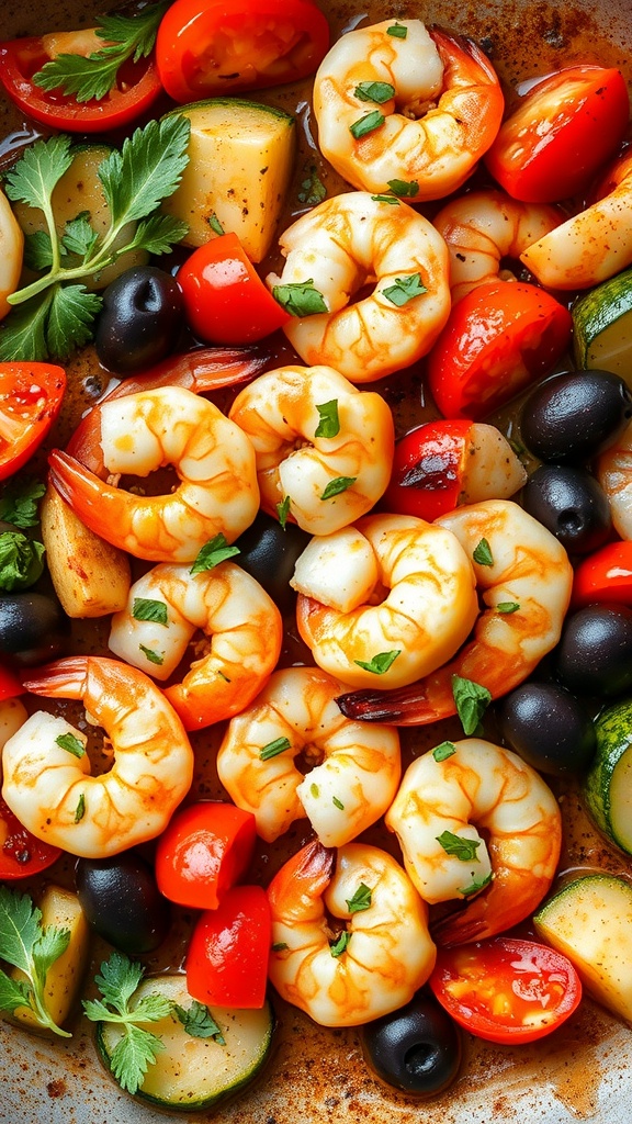 A colorful dish of Mediterranean shrimp and vegetables, featuring shrimp, cherry tomatoes, zucchini, potatoes, and olives.