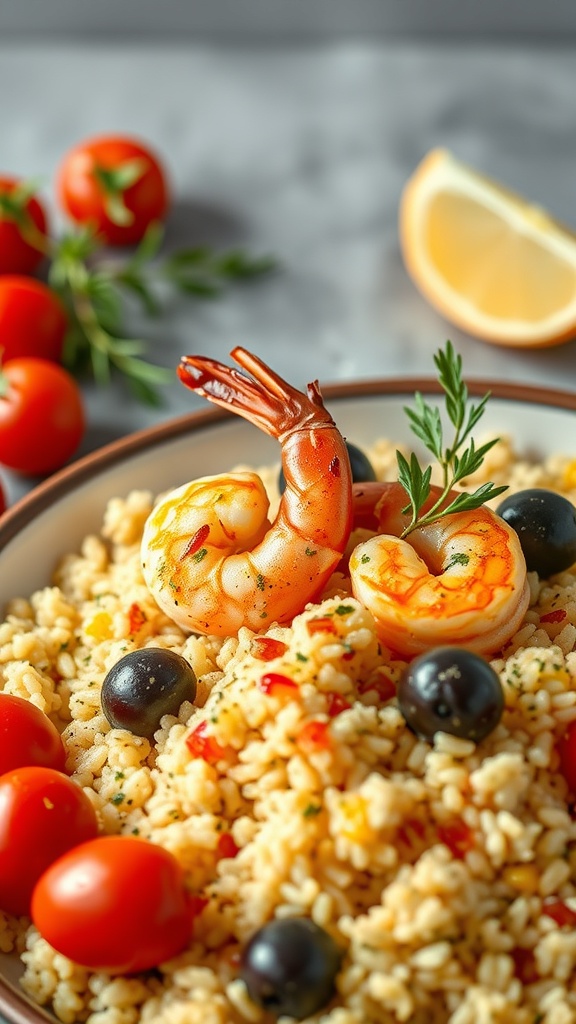 A bowl of Mediterranean shrimp with couscous, garnished with cherry tomatoes, olives, and herbs.