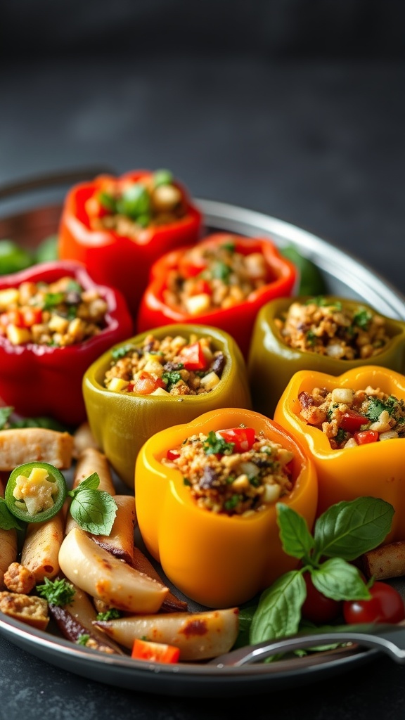 Colorful Mediterranean stuffed peppers filled with grains and vegetables, served with roasted potatoes.