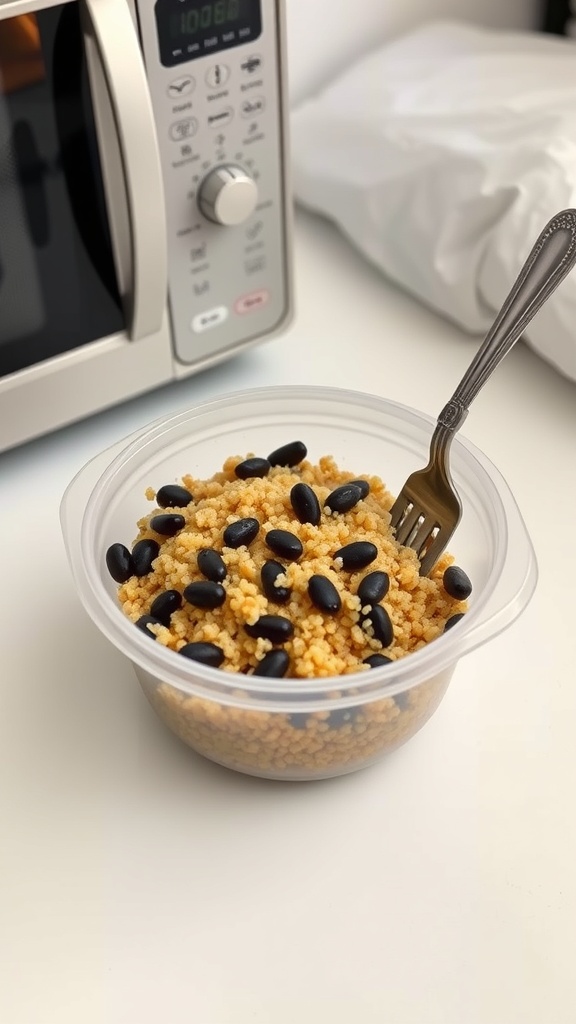 A bowl of quinoa mixed with black beans, placed next to a microwave.