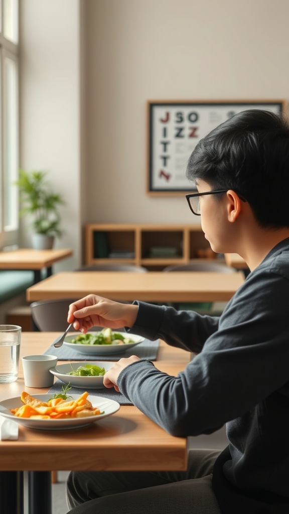 A student enjoying a healthy meal with salad and sweet potato fries at a table.