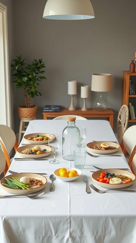 A beautifully set dining table with colorful plates of healthy food, including vegetables and grains.