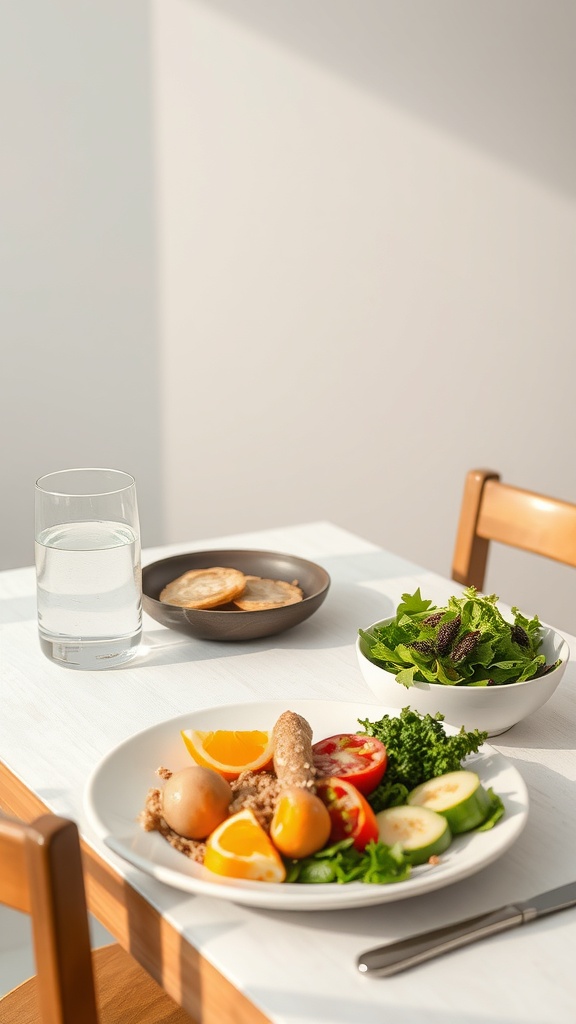 A healthy meal prep plate with quinoa, vegetables, and fruits on a table.