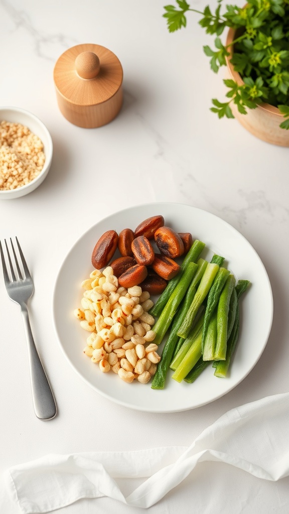 A balanced meal with green onions, puffed rice, and dates on a white plate.