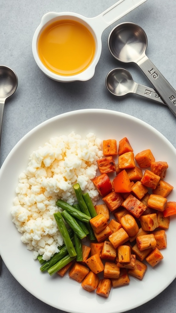 A balanced meal prep plate with rice, roasted vegetables, and steamed green beans, alongside measuring cups.