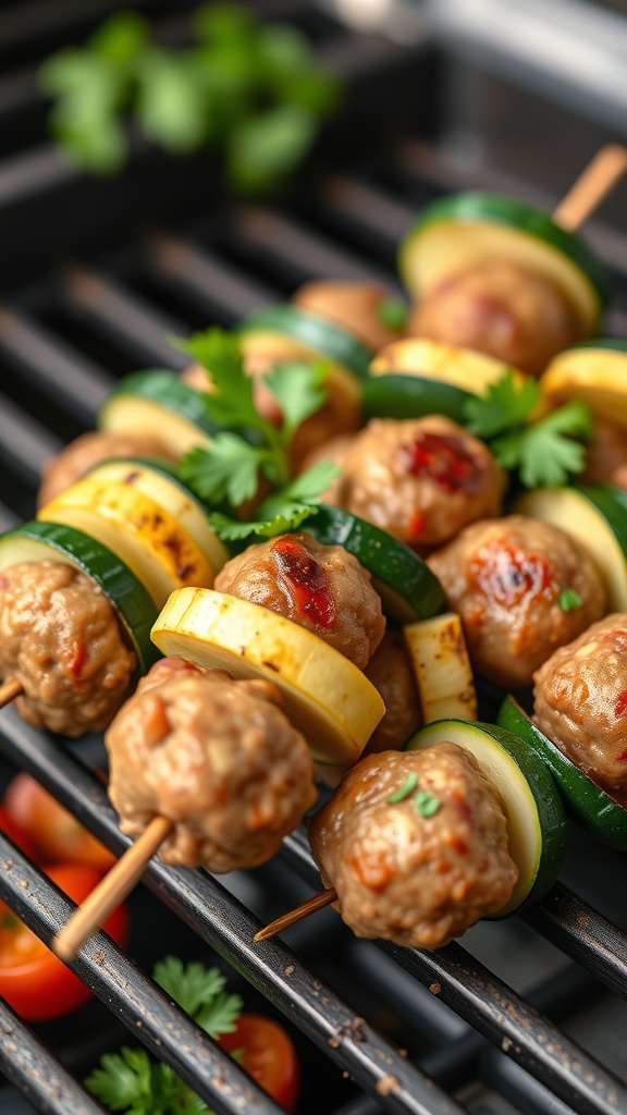 Mini meatball and zucchini skewers on a grill