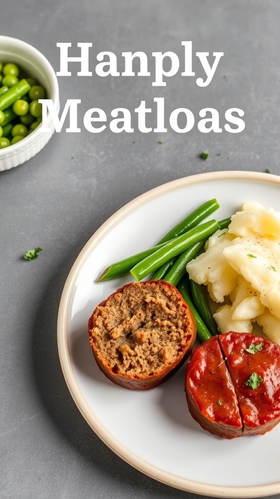 Mini meatloaves with mashed potatoes and green beans on a plate.