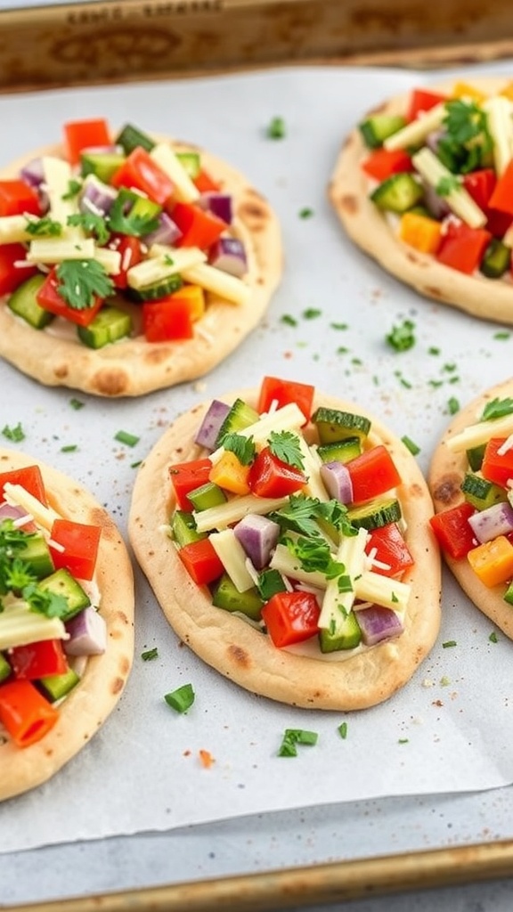 Mini pita pizzas topped with colorful vegetables and herbs on a baking sheet.