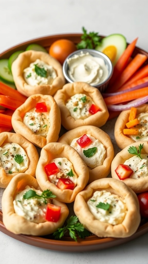 A platter of mini pita pockets filled with hummus and garnished with fresh vegetables.