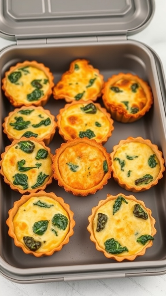 A container filled with mini quiches, showcasing their golden crust and spinach filling.