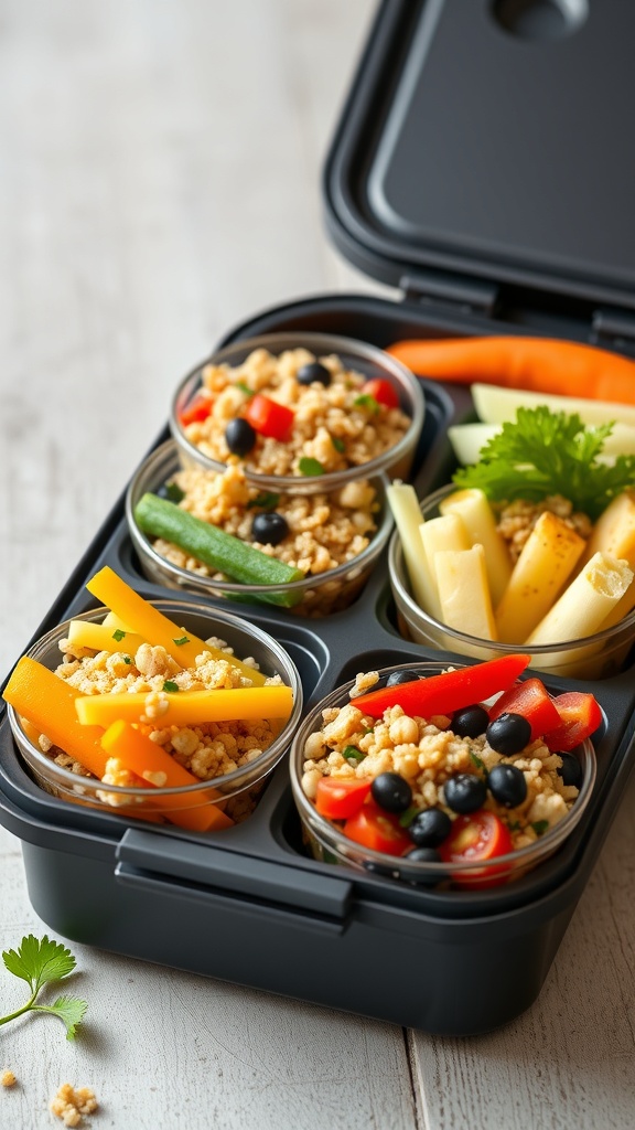 A lunchbox filled with mini quinoa and veggie bowls, showcasing colorful vegetables and grains.