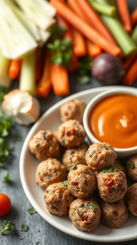 A plate of mini turkey meatballs with a dipping sauce, surrounded by fresh vegetables.