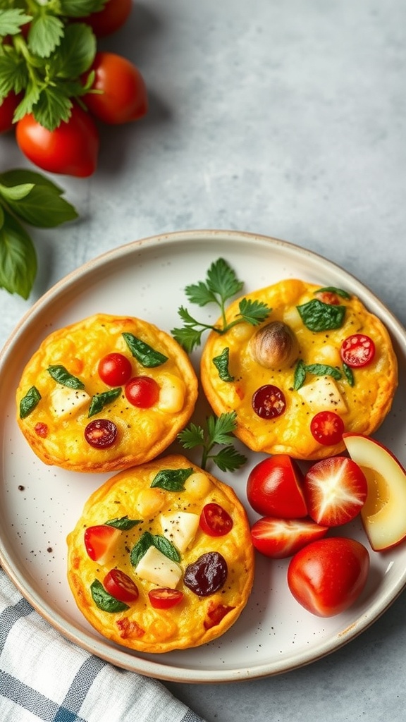 Mini veggie and cheese frittatas on a plate with cherry tomatoes and fresh herbs