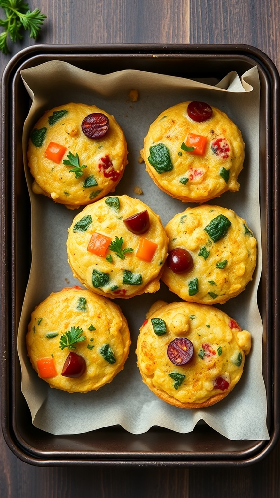 Mini veggie frittatas in a muffin tin, featuring colorful vegetables.