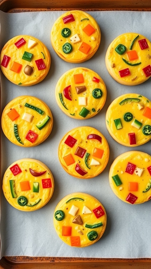A tray of colorful mini veggie frittatas topped with various vegetables.