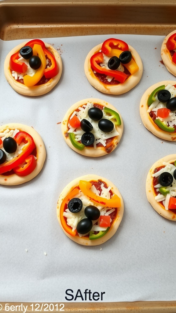 Mini veggie pizzas topped with colorful bell peppers and olives on a baking sheet.