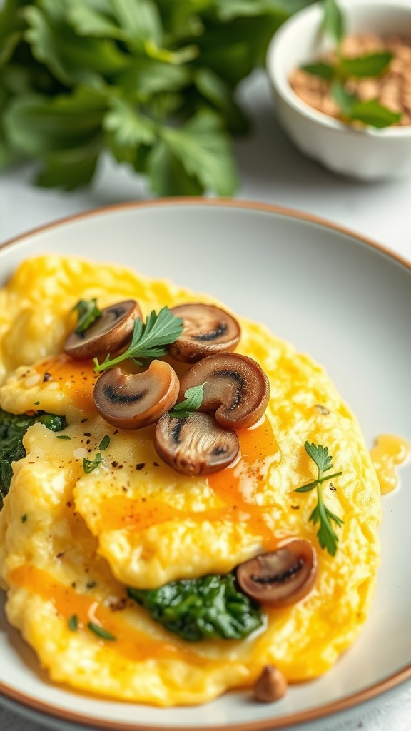 A delicious mushroom and spinach omelette served on a plate with fresh herbs.