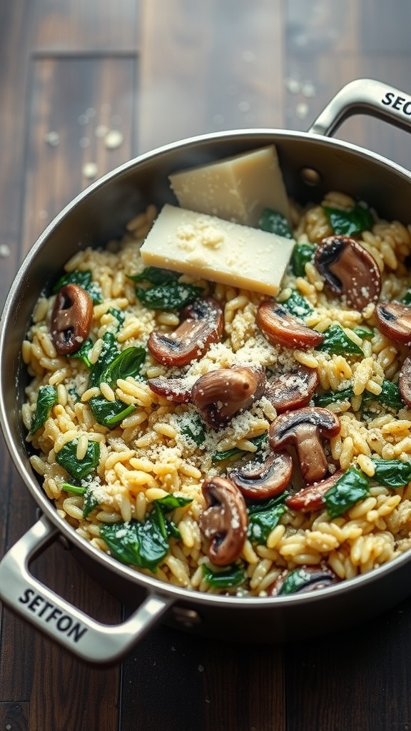 A pan of creamy mushroom and spinach risotto topped with cheese.