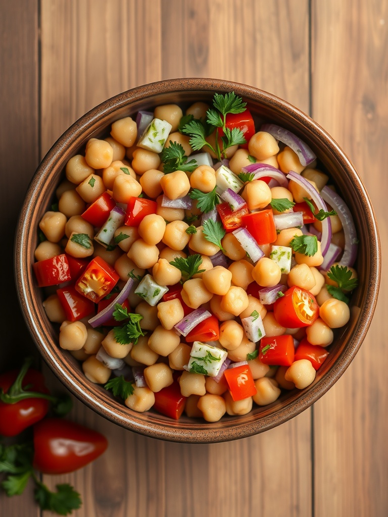 A colorful bowl of chickpea salad with tomatoes, onions, cucumbers, and herbs.