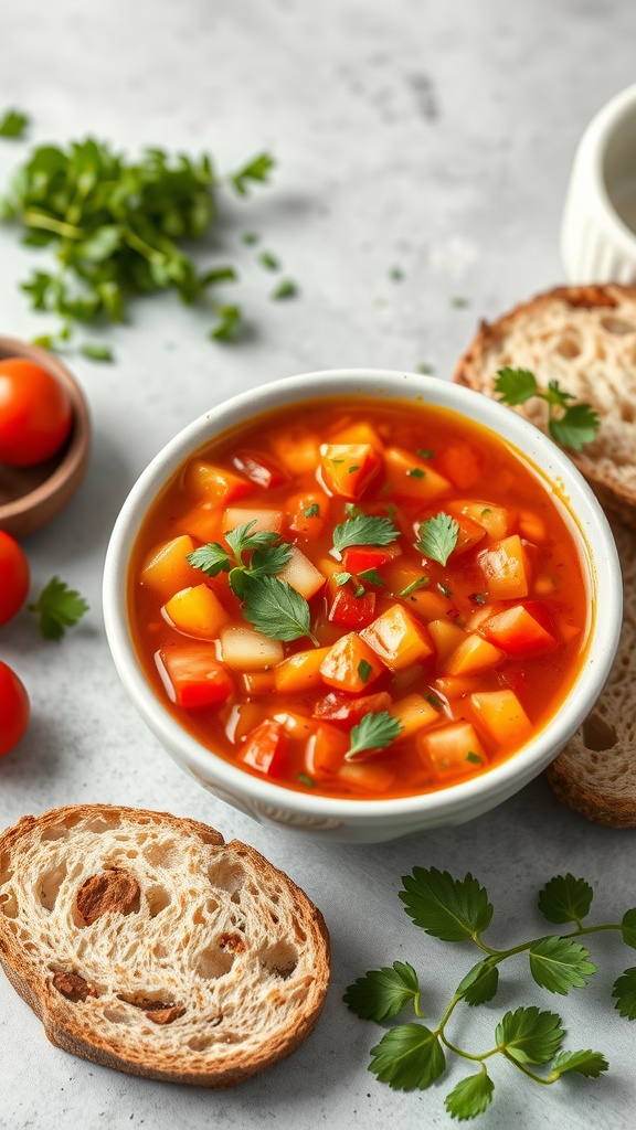 A bowl of gazpacho with diced vegetables and herbs, accompanied by slices of bread.